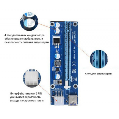 Райзер PCI-E x1 to 16x 60cm USB 3.0 Cable SATA to 6Pin Power v.006C Dynamode (RX-riser-006c 6 pin) - фото 5 Райзер PCI-E x1 to 16x 60cm USB 3.0 Cable SATA to 6Pin Power v.006C Dynamode (RX-riser-006c 6 pin) - фото 5