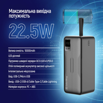 Батарея універсальна ColorWay 50 000 mAh PD/18W, QC3.0/22.5, Digital Display, Black (CW-PB500LPC5BK-PDD) - фото 9 Батарея універсальна ColorWay 50 000 mAh PD/18W, QC3.0/22.5, Digital Display, Black (CW-PB500LPC5BK-PDD) - фото 9