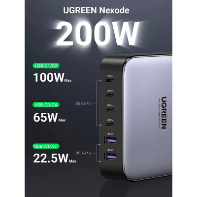 Зарядний пристрій Ugreen 6xUSB 200W (4хUSB-C+2xUSB-A) Gan CD271 (40914) - фото 3 Зарядний пристрій Ugreen 6xUSB 200W (4хUSB-C+2xUSB-A) Gan CD271 (40914) - фото 3