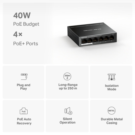 Комутатор MERCUSYS MS106LP 6xFE (4xPoE), 40Вт, Некерований - фото 4