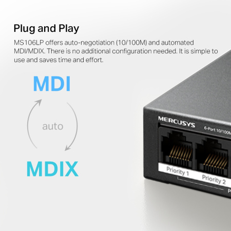 Комутатор MERCUSYS MS106LP 6xFE (4xPoE), 40Вт, Некерований - фото 9
