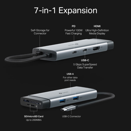 Хаб USB TP-LINK UH7020C USB-C > 2xUSB3.0/1xUSB-C/xHDMI/1xSD/1xmicroSD/1xPD 100Wh - фото 6