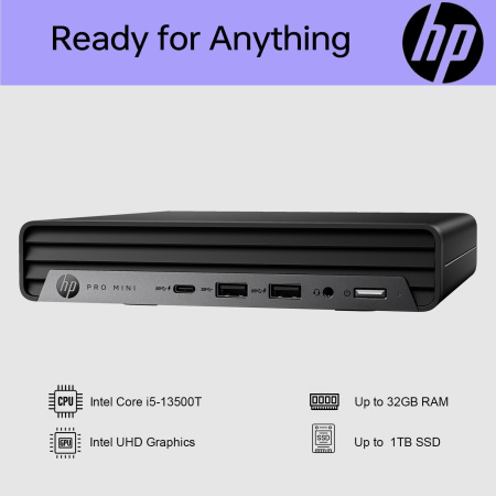 HP Комп'ютер персональний неттоп Pro 400-G9 Mini, Intel i3-13100T, 8GB, F512GB, UMA, WiFi, кл+м, 3р, DOS - фото 2