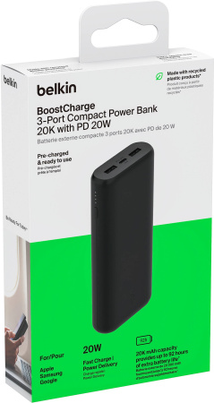 Belkin Акумулятор портативний літій-іонний Power Bank 20000мА·год, 20Вт, 2хUSB-A/USB-C, чорний - фото 11