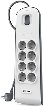 Belkin Подовжувач-фільтр мережевий 8хТип F, 3x1.5мм кв, 16А, 2xUSB-A 2.4A, з захистом від перенапруги, 2м, білий