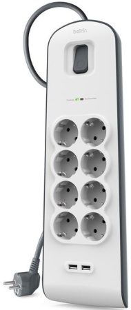 Belkin Подовжувач-фільтр мережевий 8хТип F, 3x1.5мм кв, 16А, 2xUSB-A 2.4A, з захистом від перенапруги, 2м, білий - фото 1