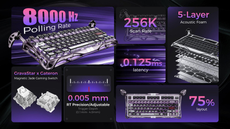 Клавіатура механічна GravaStar Mercury V75 Pro 80keys, Magnetic Jade Gaming, 8K, USB-A, RGB, Iron Purple - фото 14