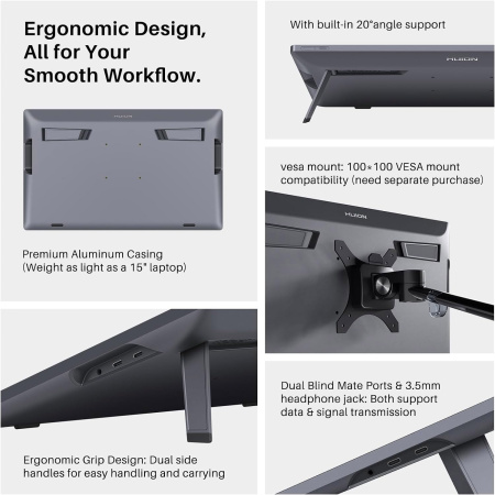 Графічний монітор Huion 19" Kamvas Pro 19,4K  USB-Cх2, 3.5 mini-jack, сірий темний - фото 5