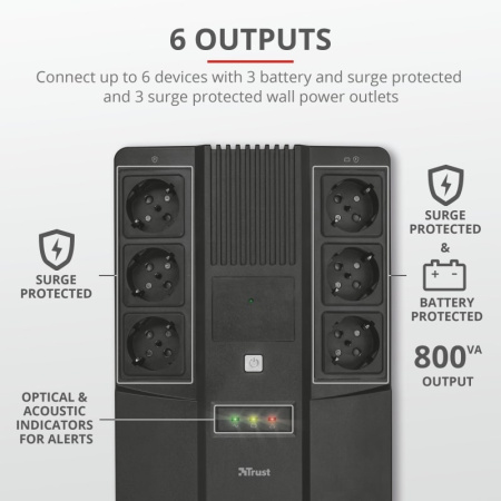 Trust Джерело безперебійного живлення Maxxon 800VA UPS with 6 standard wall power outlets BLACK - фото 7