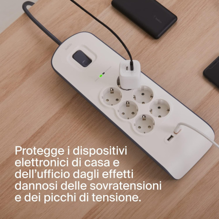 Belkin Подовжувач-фільтр мережевий 6хТип F, 3x1.5мм кв, 16А, 2xUSB-A 2.4A, з захистом від перенапруги, 2м, білий - фото 3
