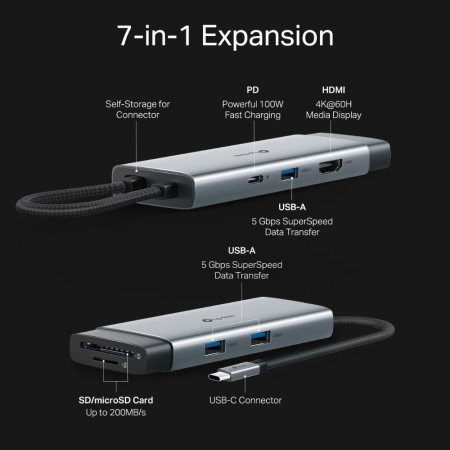 Хаб USB TP-LINK UH7021C USB-C > 3xUSB3.0/1xHDMI/1xSD/1xmicroSD/1xPD 100Wh - фото 12