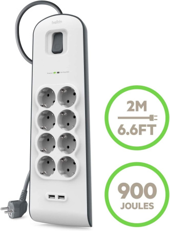Belkin Подовжувач-фільтр мережевий 8хТип F, 3x1.5мм кв, 16А, 2xUSB-A 2.4A, з захистом від перенапруги, 2м, білий - фото 3