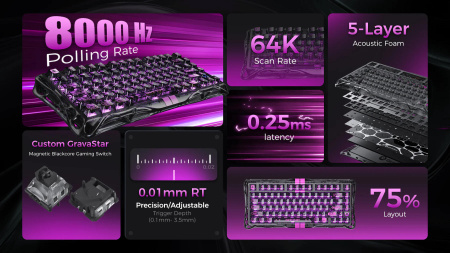 Клавіатура магнітна GravaStar Mercury V75 Lite 75keys, Blackcore, USB-A, Transparent Black - фото 11