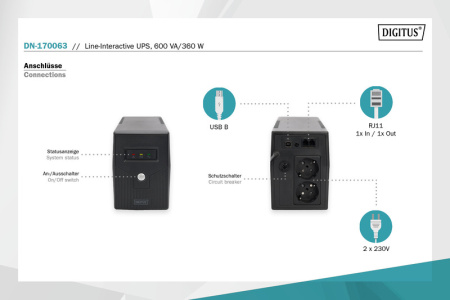Digitus ДБЖ Line-Interactive, 600VA/360W, LED, 2xSchuko, RJ11, USB - фото 3
