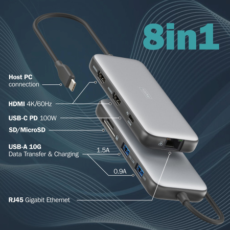 Док-станція DIGITUS USB-C > 2xHDMI/2xUSB-A/USB-C/SD/MicroSD/RJ54 - фото 5