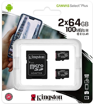 Kingston Карта пам'яті 2x64GB microSDXC C10 UHS-I R100MB/s Canvas Select Plus + SD