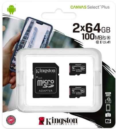 Kingston Карта пам'яті 2x64GB microSDXC C10 UHS-I R100MB/s Canvas Select Plus + SD - фото 1