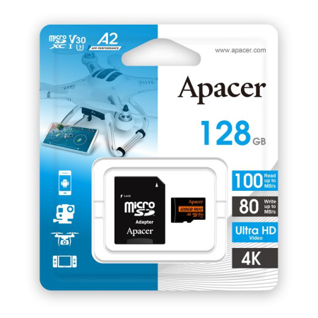 Карта пам'яті Apacer microSD 128GB C10 UHS-I U3 A2 R100/W80MB/s + SD - фото 2