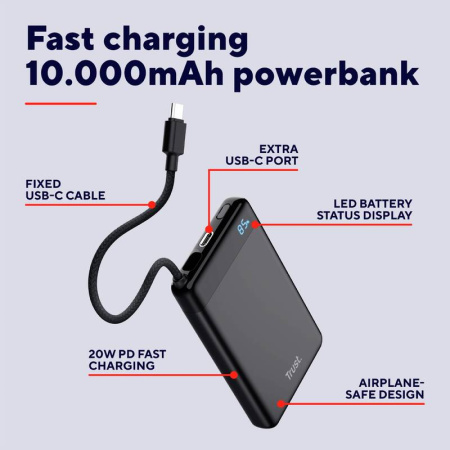 Акумулятор портативний літій-іонний power bank Trust Fiera, 10000мА·год, 2хUSB-C, 20W, PD/QC 3.0, чорний - фото 4