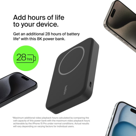 Belkin Акумулятор портативний літій-іонний Power Bank 8000мА·год, 15Вт, MagSafe Qi2, чорний - фото 2