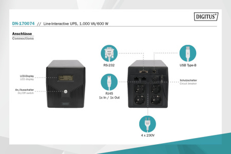 Digitus Джерело безперебійного живлення 1000VA/600W, LCD, RJ45, RS232, USB, 4xSchuko - фото 5