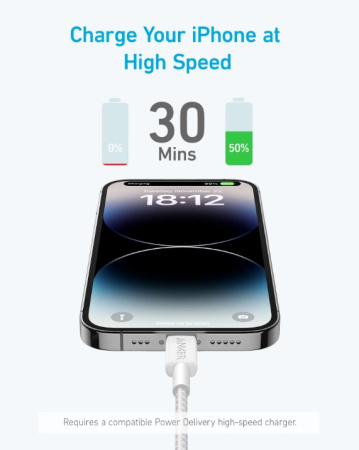 Кабель Anker 322 USB-C to Lightning - 1.8m Nylon White - фото 2