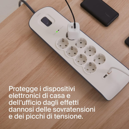 Belkin Подовжувач-фільтр мережевий 8хТип F, 3x1.5мм кв, 16А, 2xUSB-A 2.4A, з захистом від перенапруги, 2м, білий - фото 6