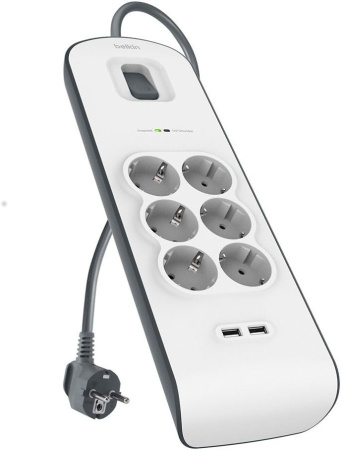 Belkin Подовжувач-фільтр мережевий 6хТип F, 3x1.5мм кв, 16А, 2xUSB-A 2.4A, з захистом від перенапруги, 2м, білий - фото 4