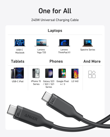 Кабель Anker USB-C to USB-C - 0.9m 240W 20 Gbps 4K Video Tranfer Bio-Nylon Black - фото 4