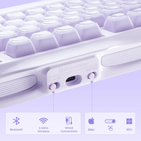 Клавіатура механічна GravaStar Mercury K1 80keys, GravaStar x Kailh Cheery Pink, EN, BT/WL/USB, Lavender Purple - фото 5 Клавіатура механічна GravaStar Mercury K1 80keys, GravaStar x Kailh Cheery Pink, EN, BT/WL/USB, Lavender Purple - фото 5