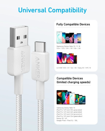 Кабель Anker 322 USB-A to USB-C - 1.8m Nylon White - фото 2