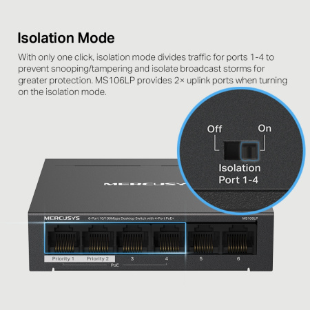 Комутатор MERCUSYS MS106LP 6xFE (4xPoE), 40Вт, Некерований - фото 7